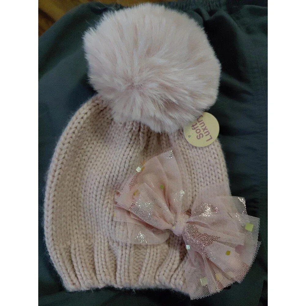 Toddler WINTER HAT, PINK, Metallic Bow,Faux Fur Puff, Winter , Toddler NEW